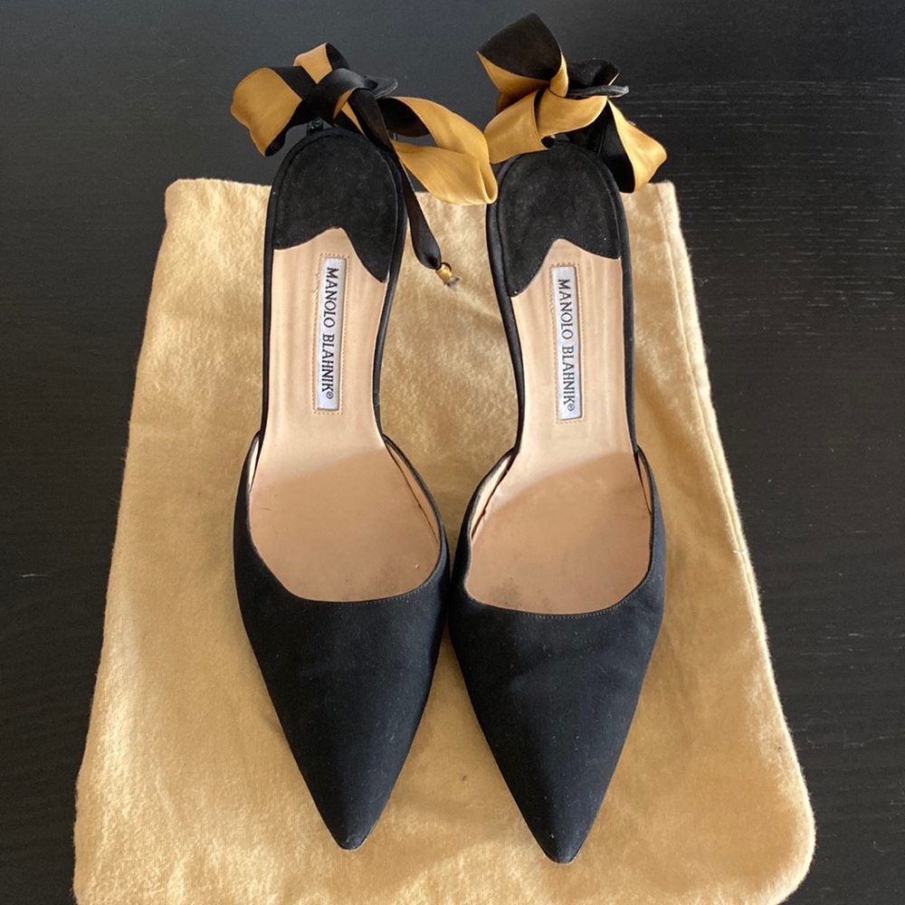Manolo Blahnik Black Suede Pointed Toe Heels with Gold Bow Ankle Ties